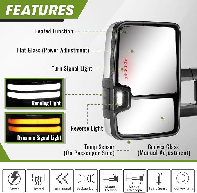 Chevy Silverado/GMC Sierra 1500 (2014-2018), 2500HD/3500HD (2015-2019) Switchback Dynamic Turn Signal/Running Lights Power Heated (Chrome)